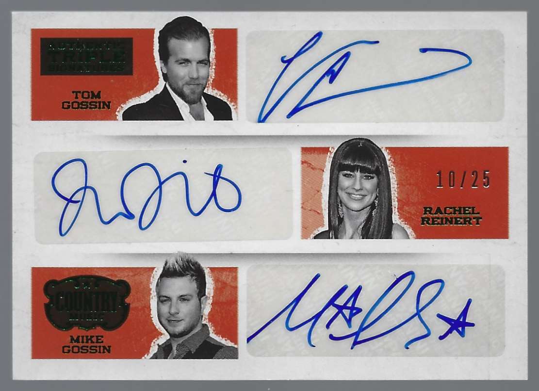 2015 Panini Country Music Triple Signatures Green Tom Gossin/Rachel Reinert/Mike Gossin #ATGLO card front image