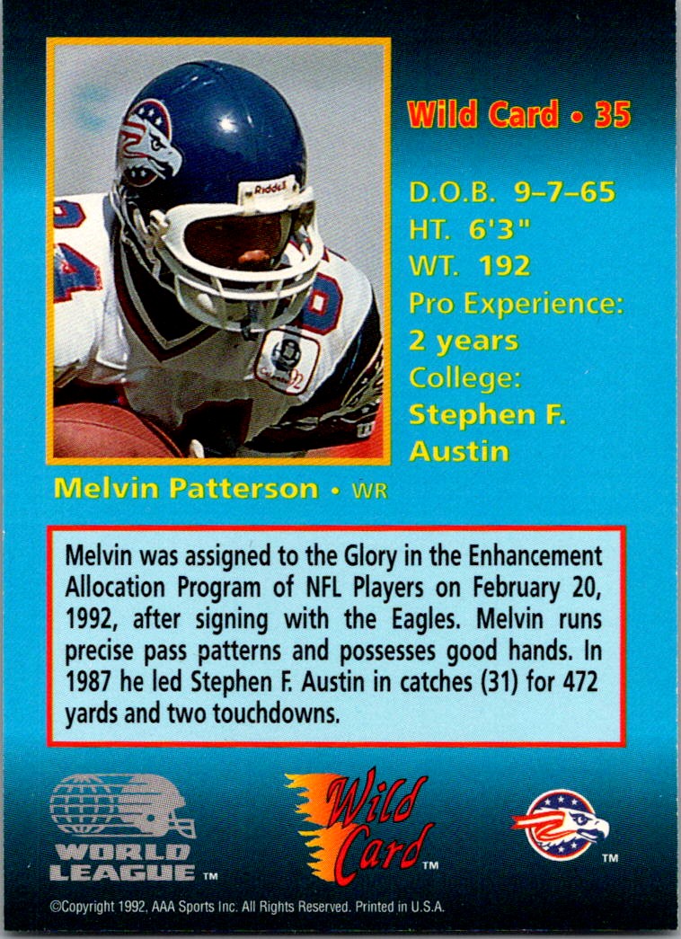 1992 WILD CARD WLAF MELVIN PATTERSON OHIO GLORY #35 | eBay