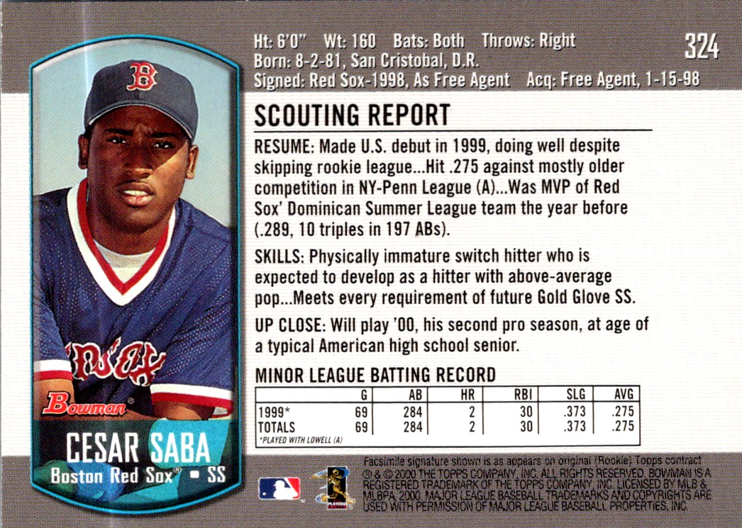 2000 Bowman Cesar Saba #324 card back image