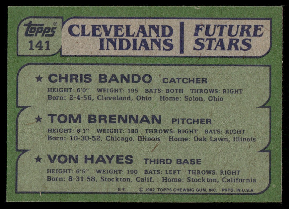 1982 Topps Indians Future Stars - Chris Bando/Tom Brennan/Von Hayes #141 card back image