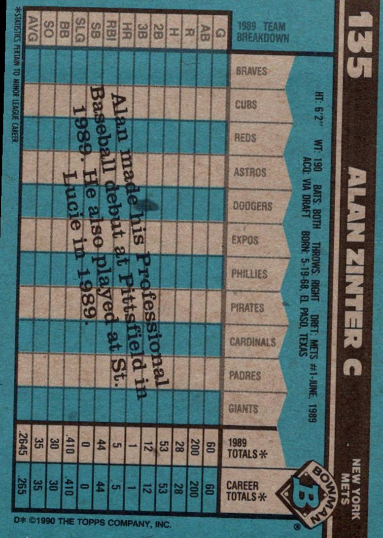 1990 Bowman Alan Zinter #135 card back image