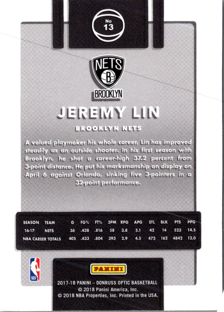2017-18 Donruss Optic Jeremy Lin #13 card back image