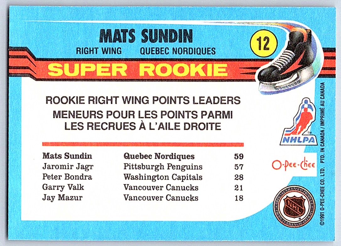 1991-92 O-Pee-Chee Super Rookie Mats Sundin #12 card back image