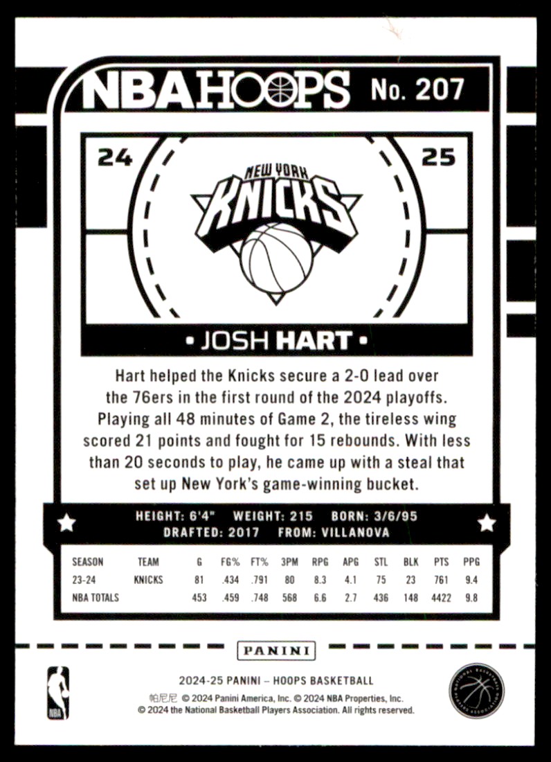 その他 panini noir Joe Hart 2024-25 Panini Hoops Josh Hart New York Knicks #207 | eBay