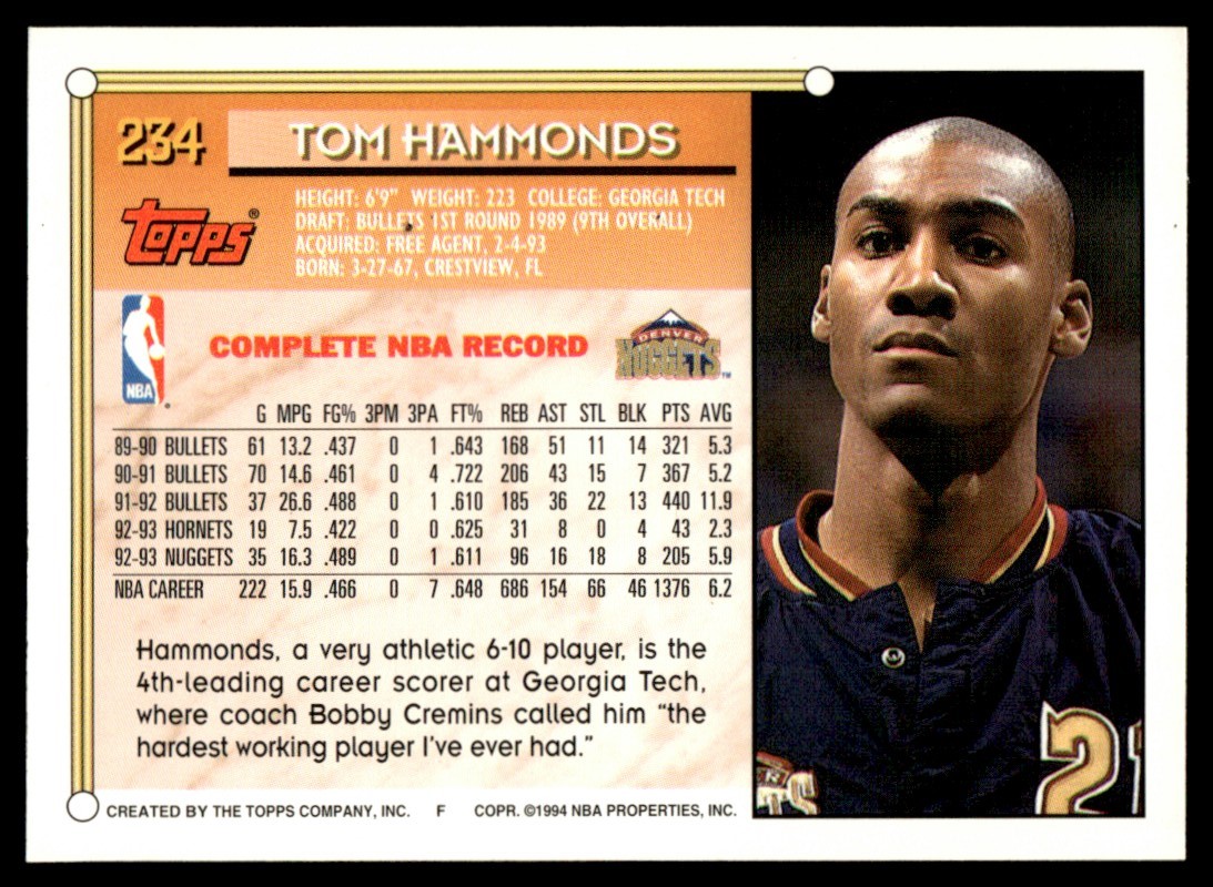 1993-94 Topps #234 Tom Hammonds Denver Nuggets | eBay
