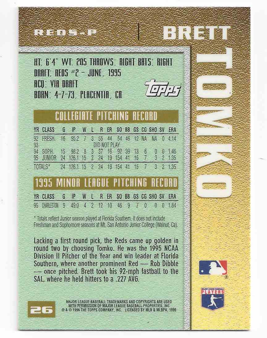 1996 Topps Power Boosters Brett Tomko #26 card back image
