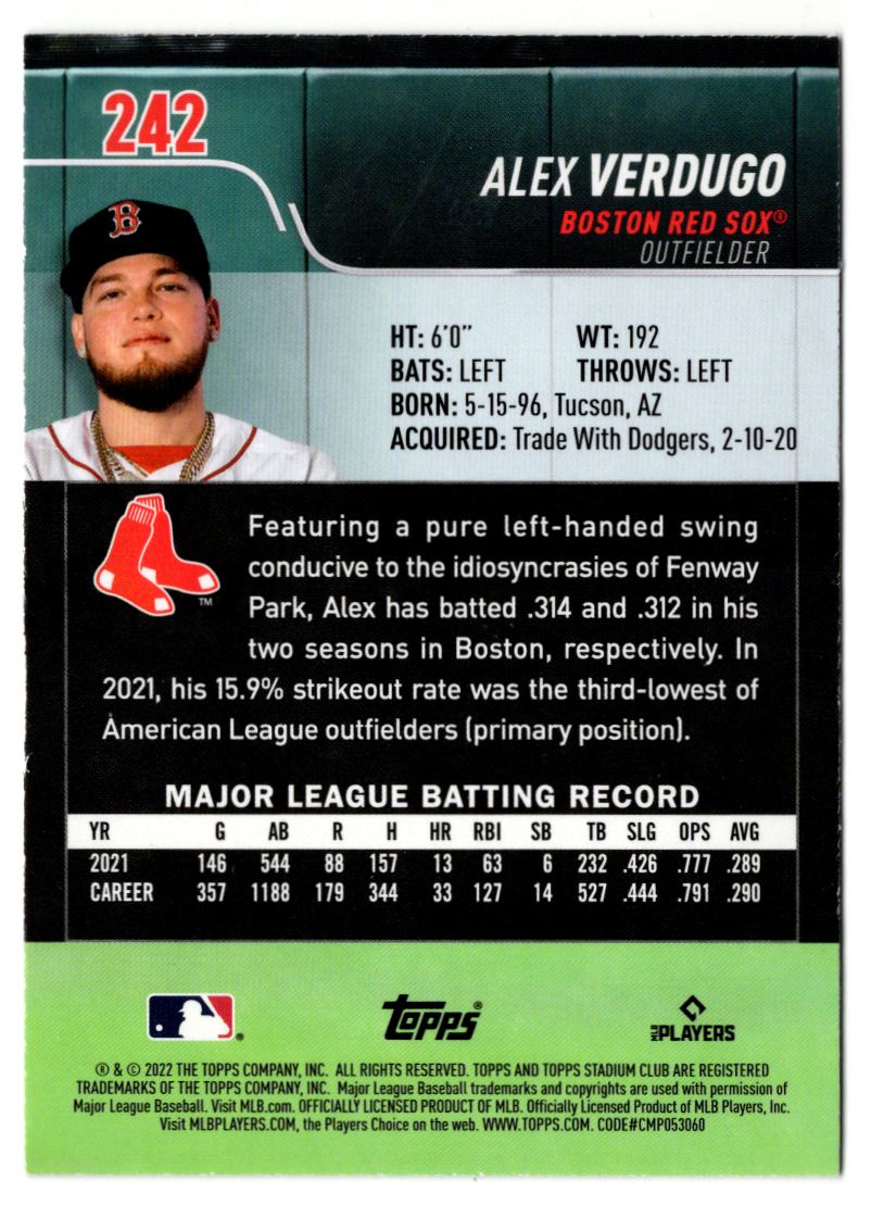 2022 Stadium Club Alex Verdugo #242 card back image