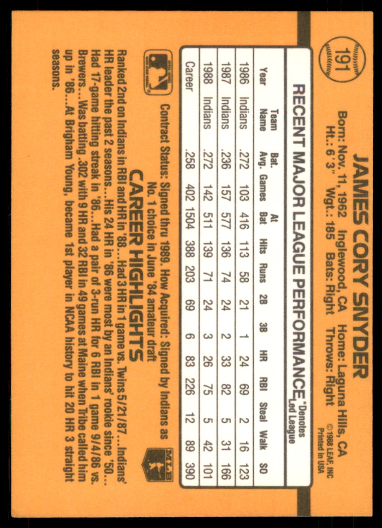 1989 Donruss Cory Snyder #191 card back image