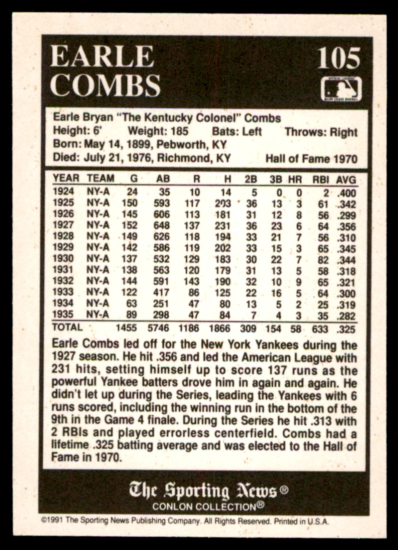 1991 Conlon Collection TSN Earle Combs #105 card back image