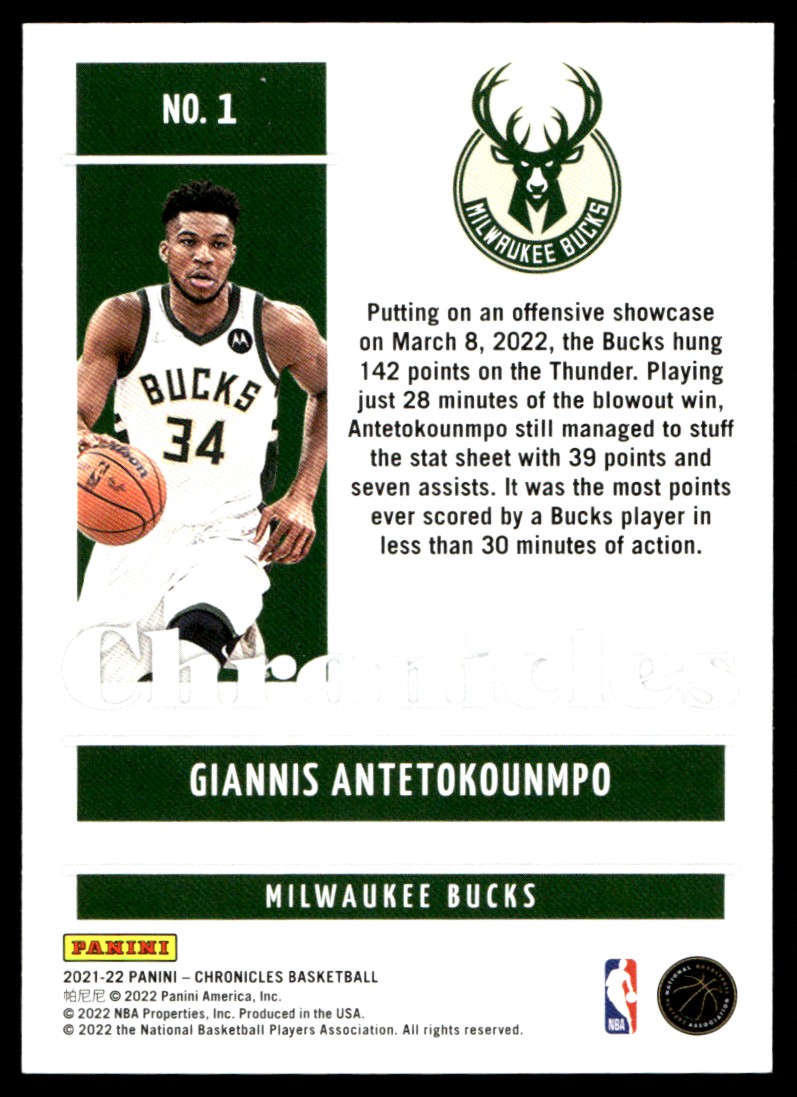2021-22 Panini Chronicles Giannis Antetokounmpo #1 | eBay