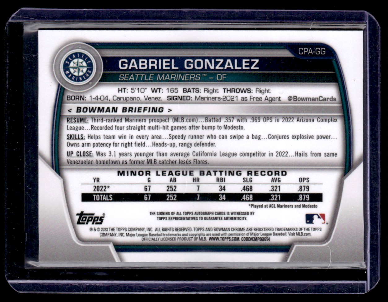 2023 Bowman Chrome Purple Refractor Autograph Gabriel Gonzalez #CPA-GG card back image