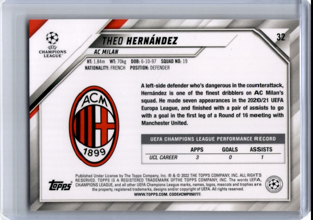 2022 Topps Chrome THEO HERNANDEZ 直筆サイン 2022 Topps Match Attax #444 Theo hernandez Man Of The Match