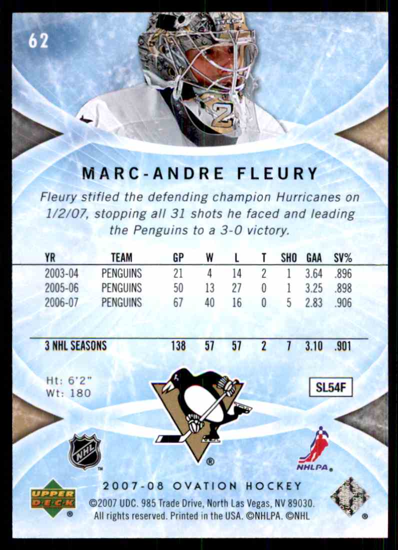 2007-08 UPPER DECK OVATION MARC-ANDRE FLEURY PITTSBURGH PENGUINS