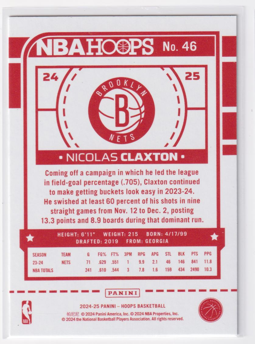 2024-25 Panini NBA Hoops Red Back Nicolas Claxton #46 card back image