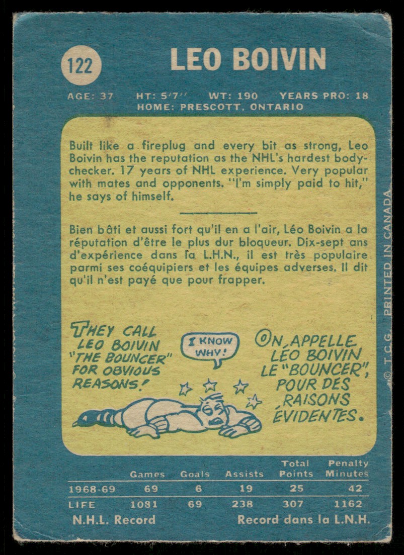 1969-70 O-Pee-Chee Hockey OPC Leo Boivin #122 card back image
