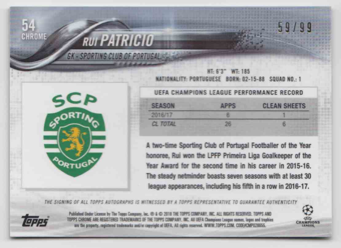 2017 Topps Chrome Champions League Green Refractor Rui Patricio #54 card back image