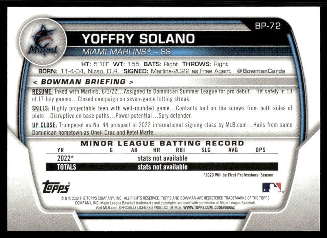 2023 Bowman Prospects #BP-72 Yoffry Solano Miami Marlins | eBay