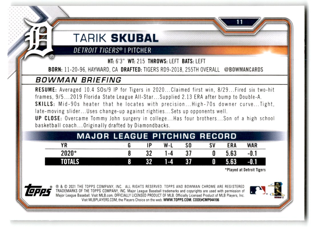 2021 Bowman Tarik Skubal #11 card back image