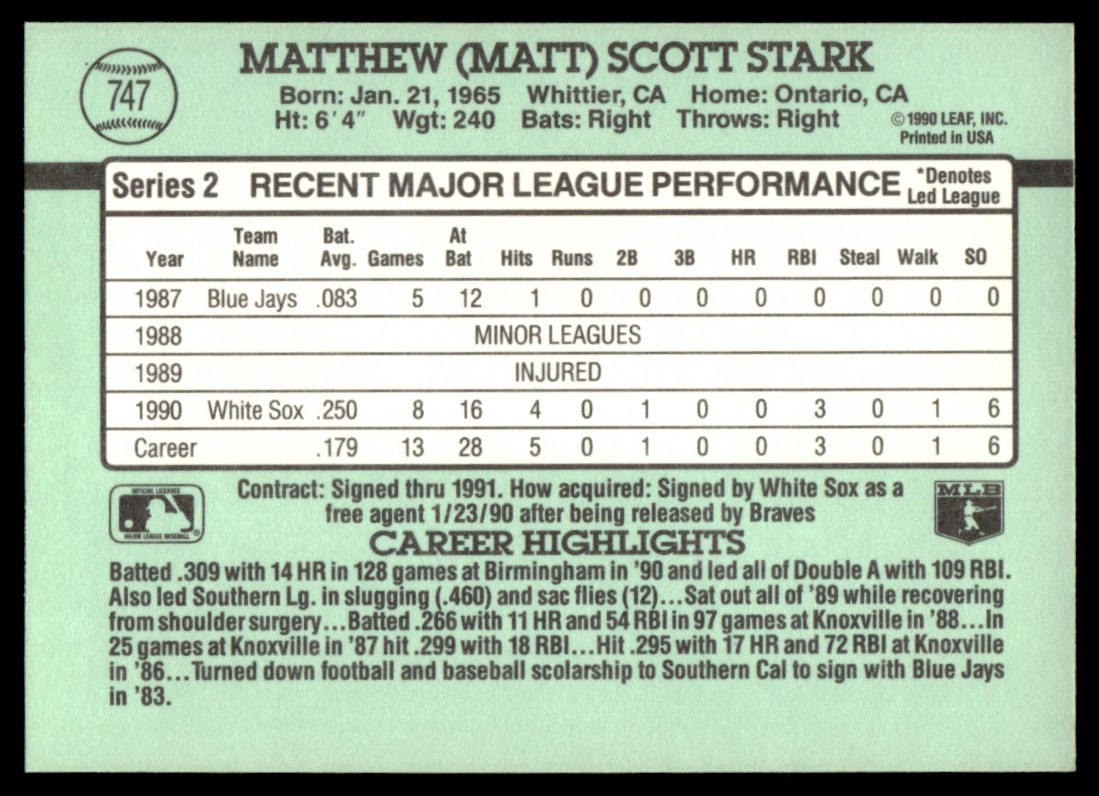 1991 Donruss #747 Matt Stark Rookie Chicago White Sox | eBay