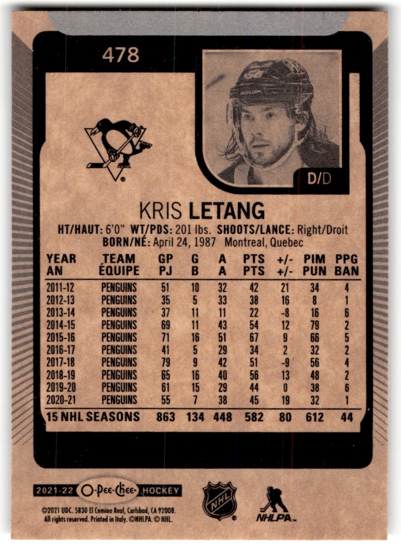 2021-22 O-Pee-Chee Kris Letang #478 card back image
