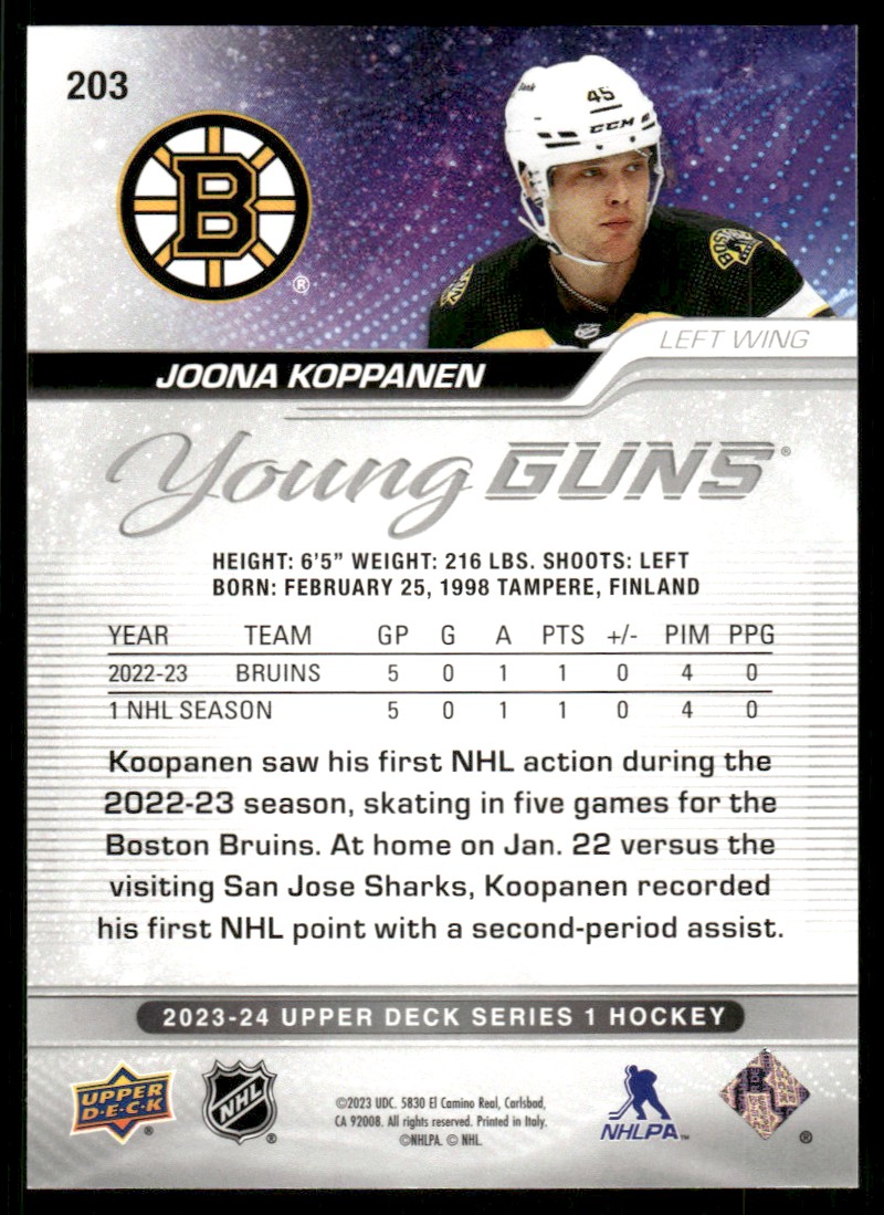 2023-24 Upper Deck YG Joona Koppanen #203 card back image