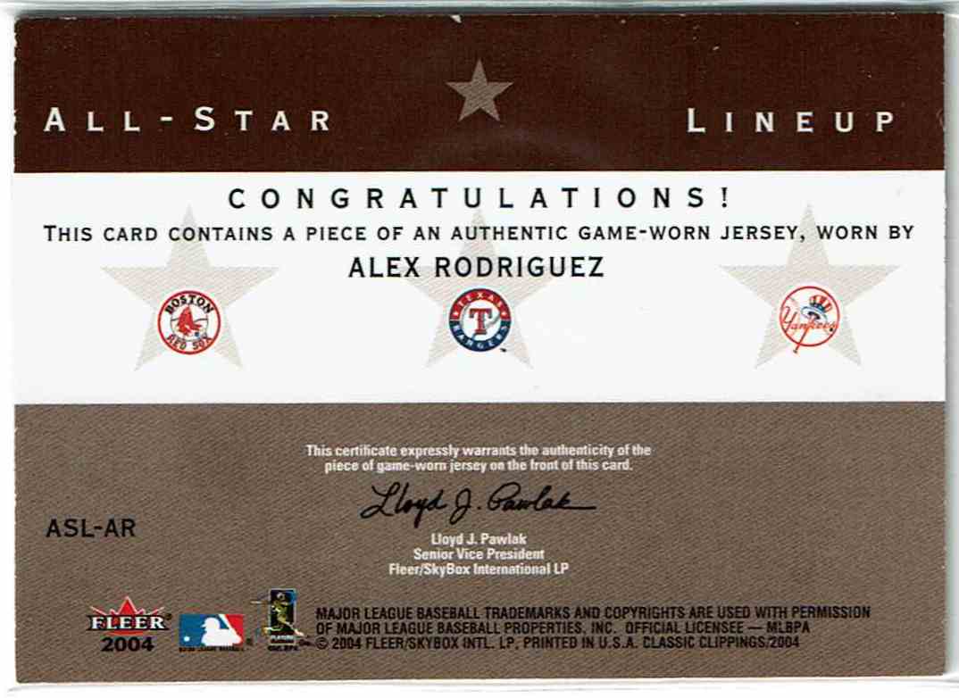 2004 Fleer Classic Clippings All-Star Lineup Single Swatch Nomar Garciaparra, Alex Rodriguez, Jason Giambi #ASL-AR card back image