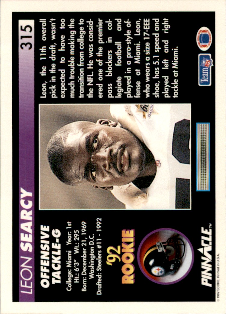 1992 Pinnacle Leon Searcy Pittsburgh Steelers #315 | eBay