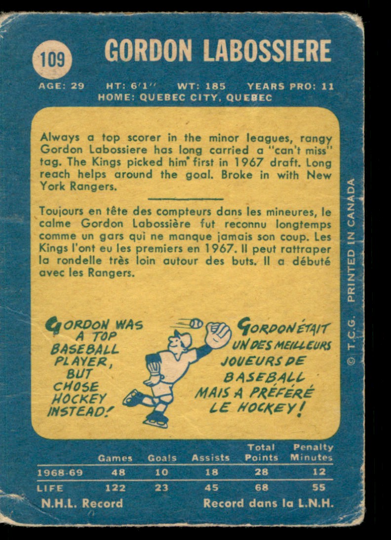 1969-70 O-Pee-Chee Gord Labossiere #109 card back image