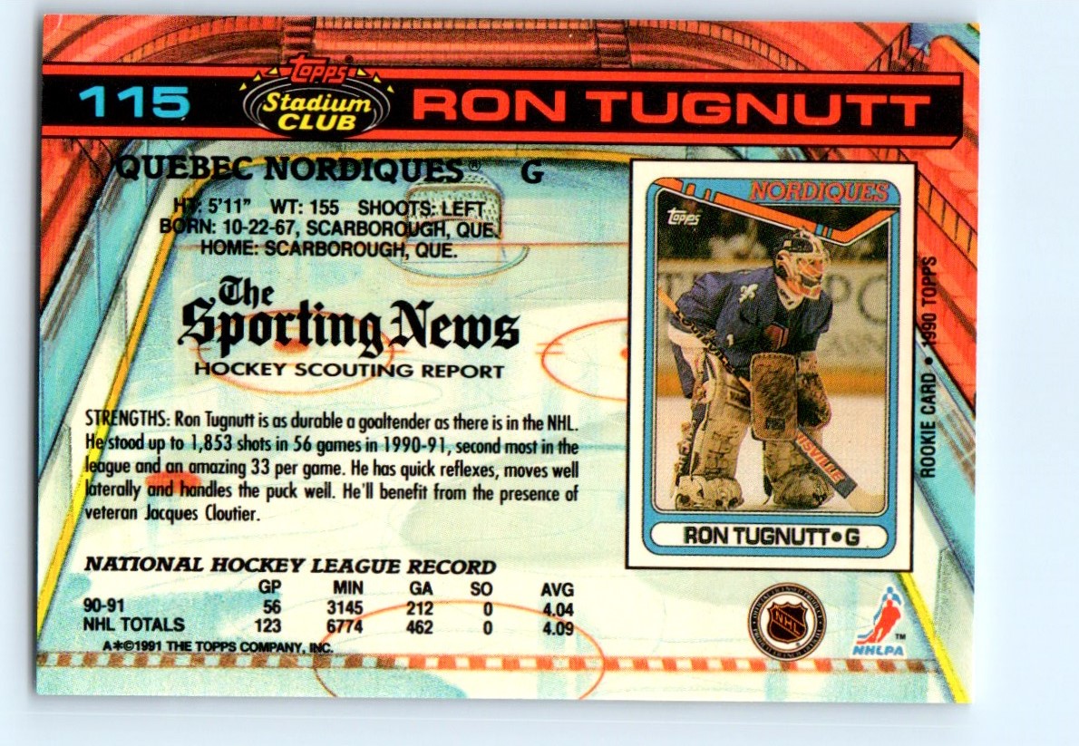 1990-91 Topps Stadium Club RON TUGNUTT #115 card back image