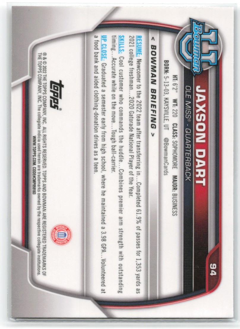 2022 Bowman Chrome U Jaxson Dart #94 card back image