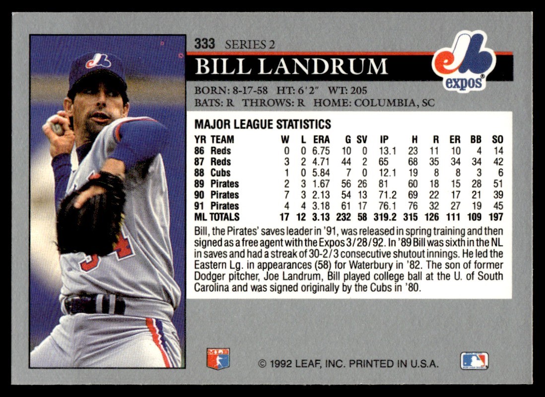 1992 Leaf Bill Landrum #333 card back image