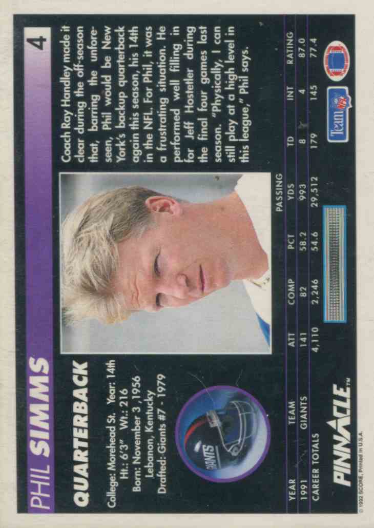 1992 Pinnacle Phil Simms #4 card back image