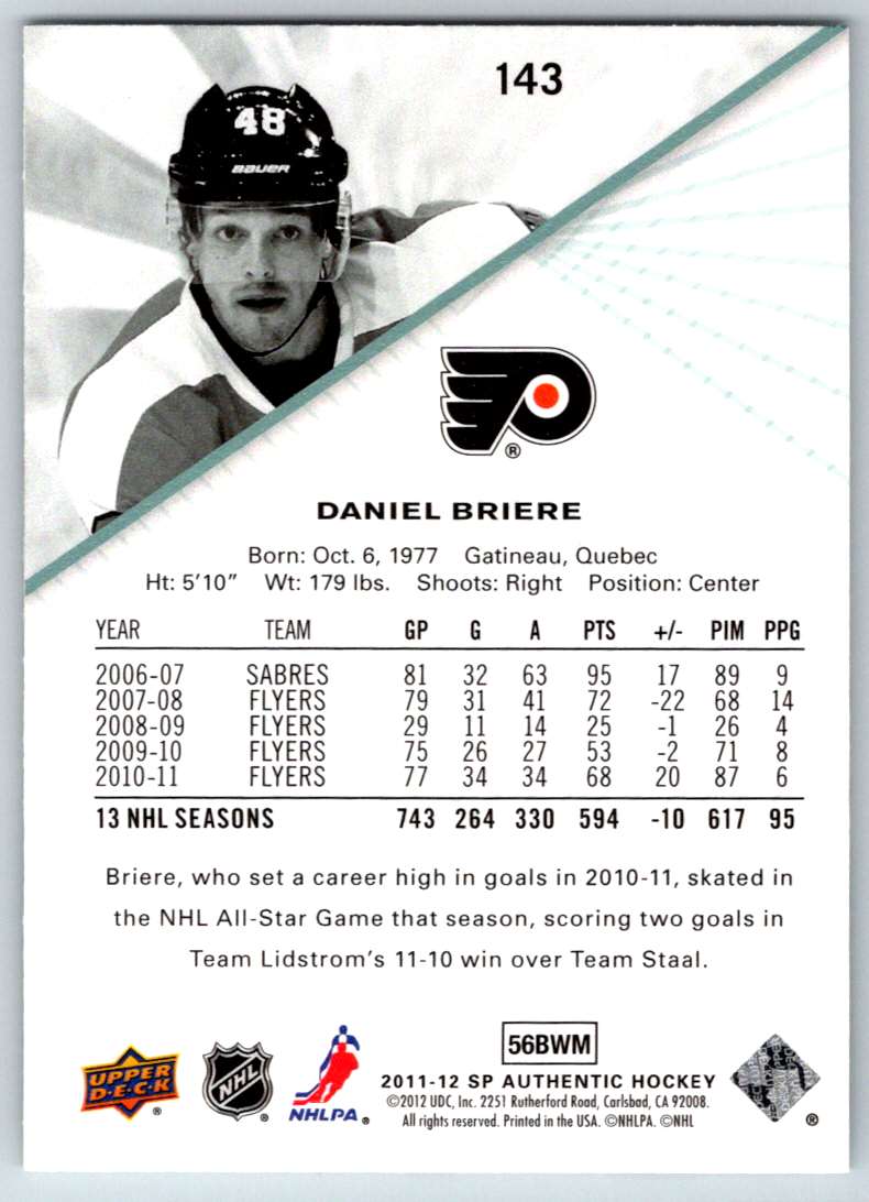 2011-12 SP Authentic Daniel Briere #143 card back image