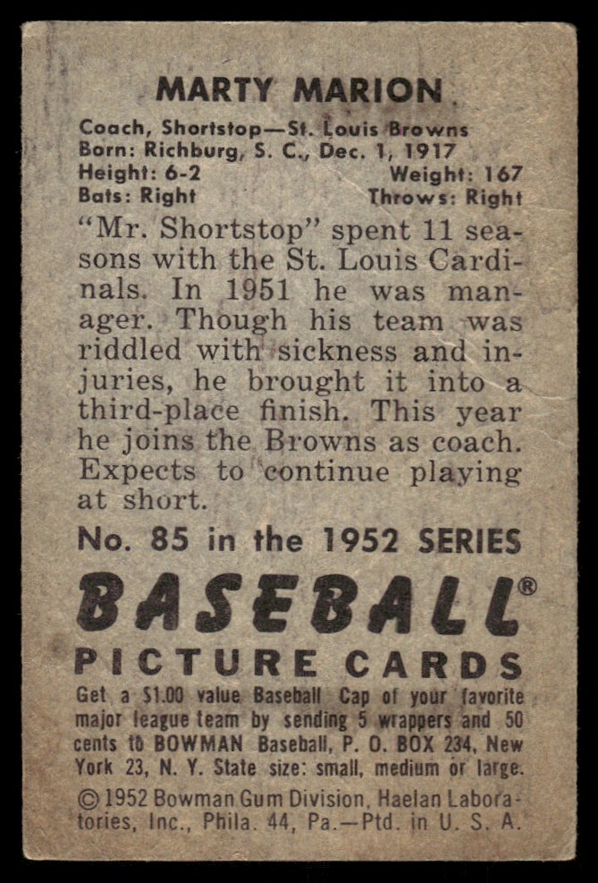 1952 Bowman Marty Marion #85 card back image