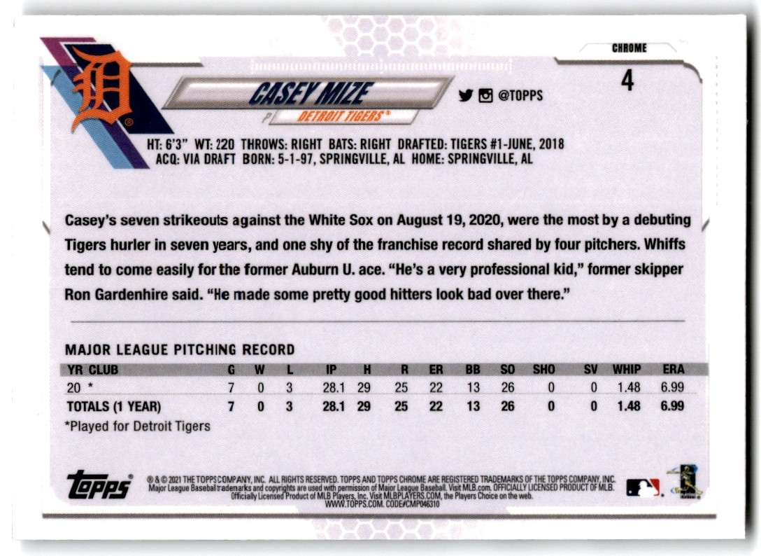 2021 Topps Chrome Casey Mize #4 card back image