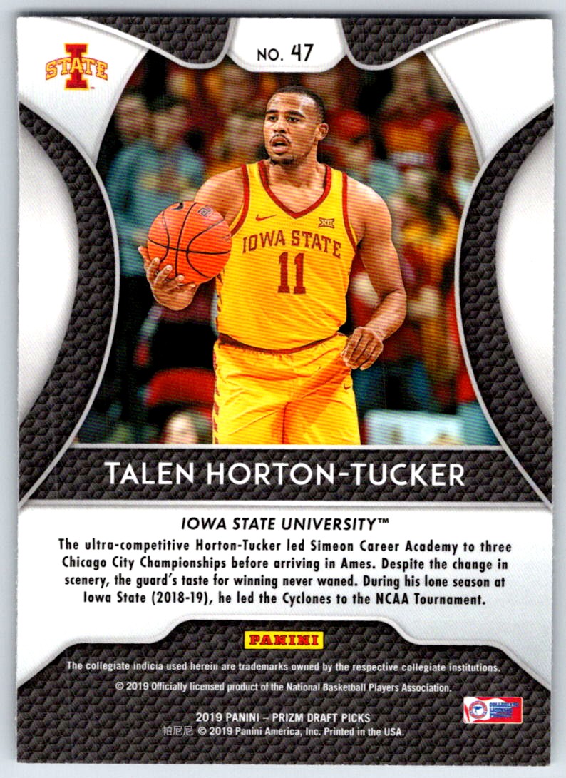 2019-20 Panini Prizm Draft Picks Talen Horton-Tucker #47 card back image