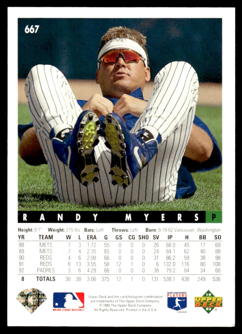 1993 Upper Deck Randy Myers #667 card back image