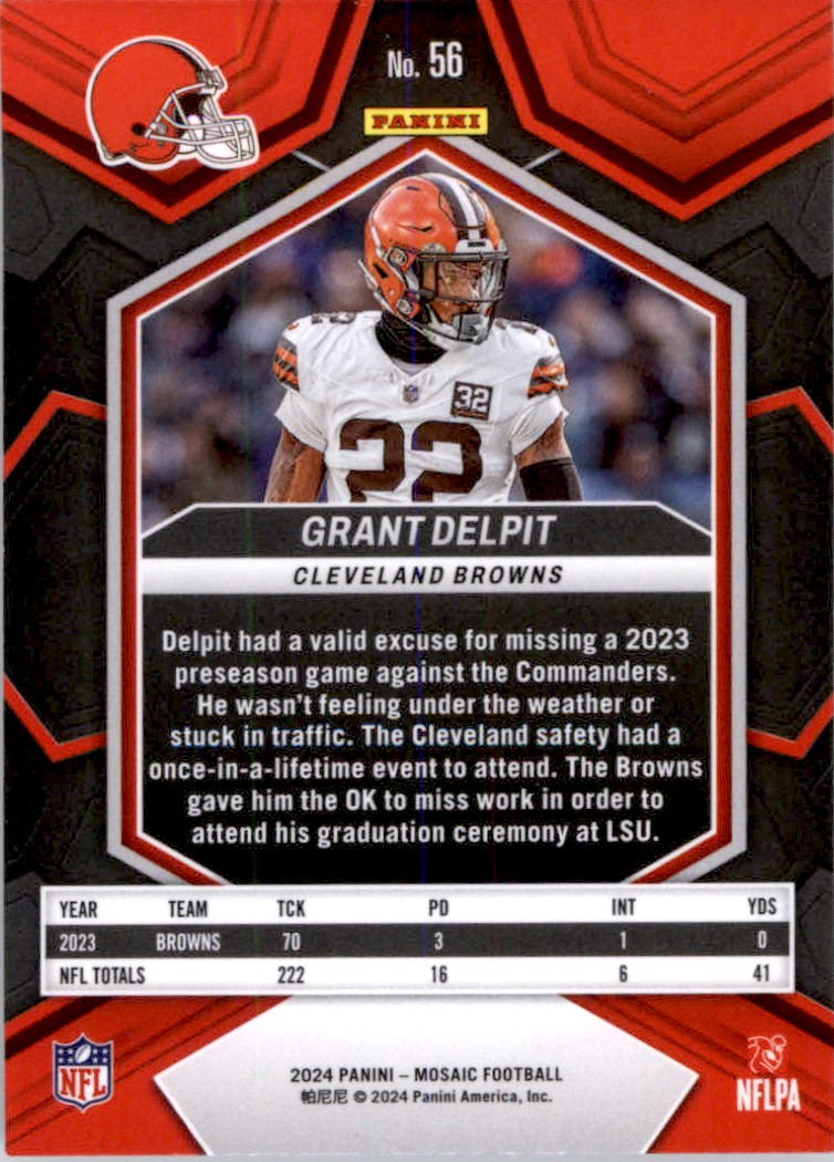 2024 Panini Mosaic Grant Delpit #56 card back image
