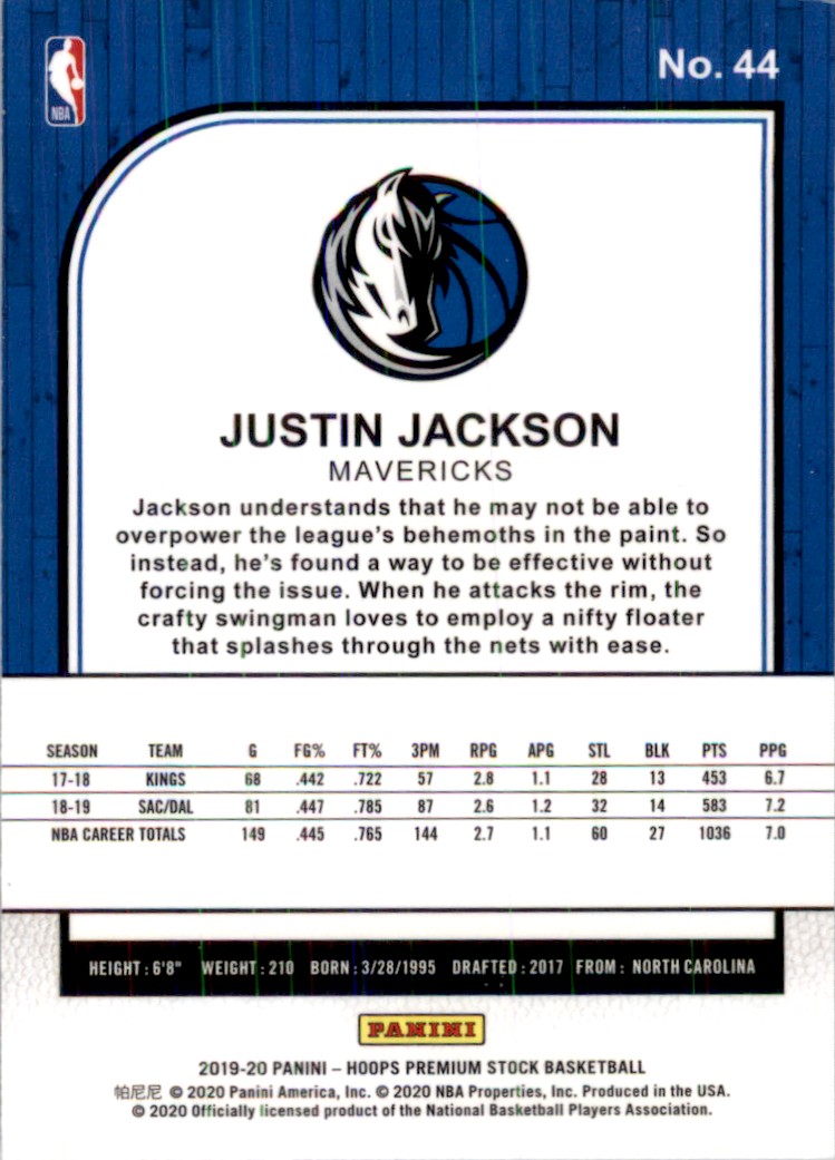 2019-20 NBA Hoops Premium Stock Justin Jackson #44 card back image