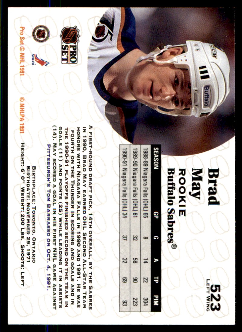 1991-92 Pro Set Brad May Buffalo Sabres #523 | eBay