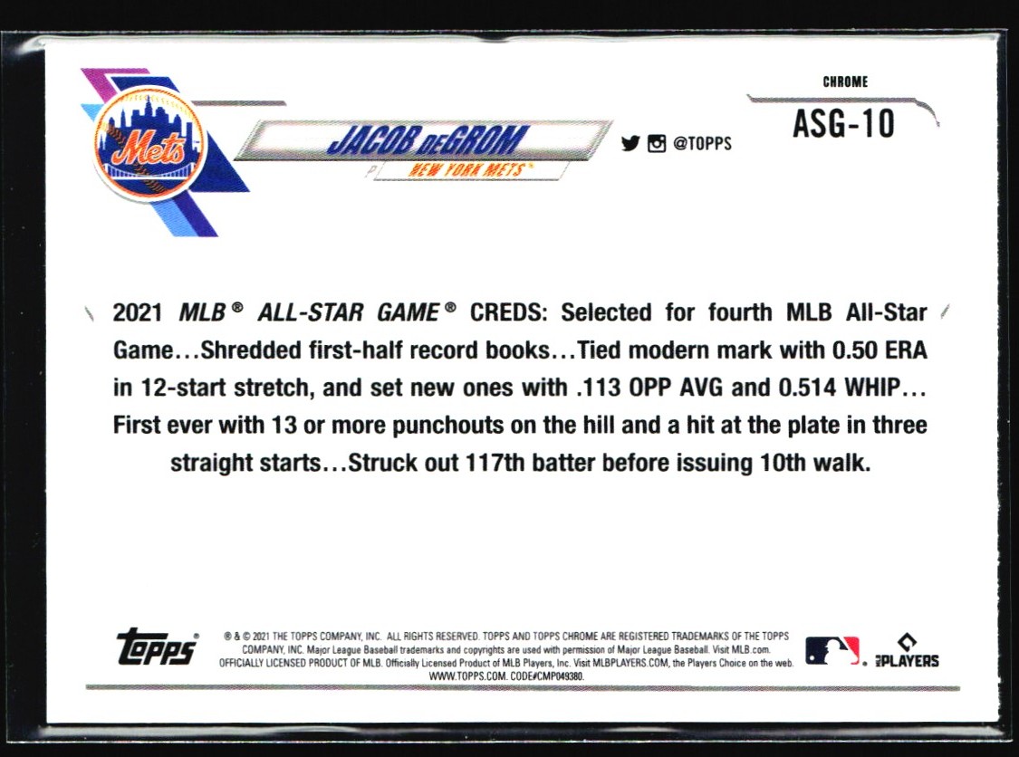 2021 Topps Chrome Update 2021 All-Star Game Jacob deGrom #ASG-10 card back image