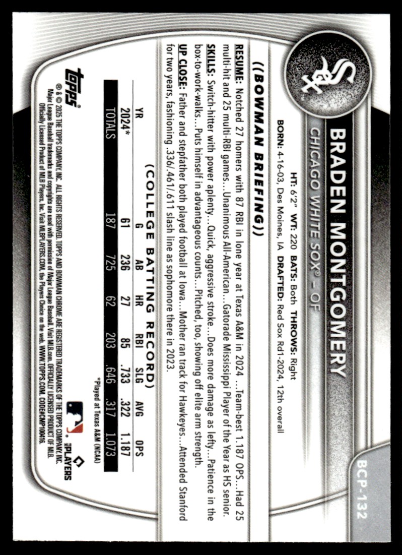 2025 Bowman Chrome Prospects Braden Montgomery #BCP-132 card back image