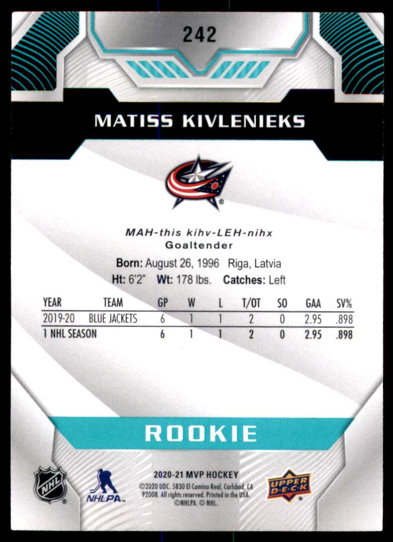 2020-21 Upper Deck MVP Matiss Kivlenieks SP RC #242 on ...