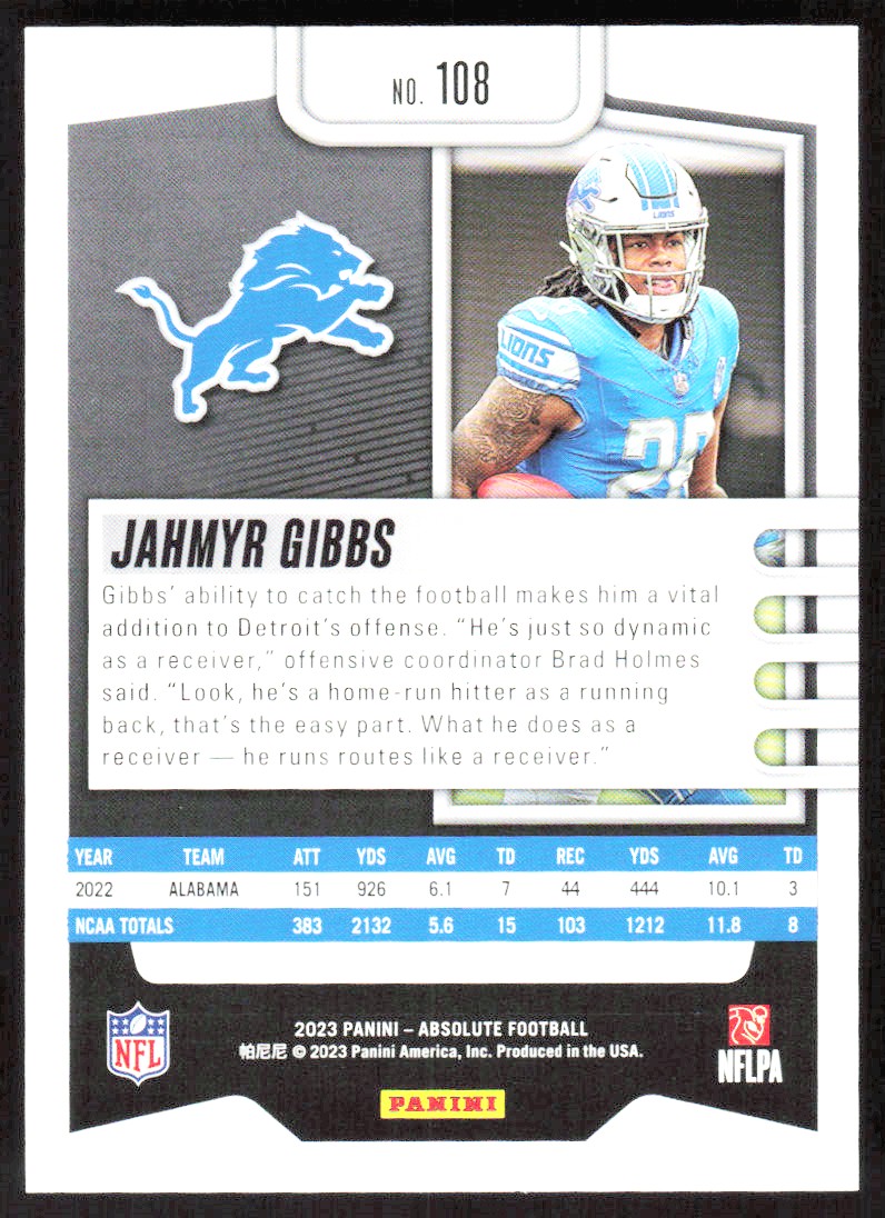 2023 7637D Panini Absolute Jahmyr Gibbs Rookie Detroit Lions