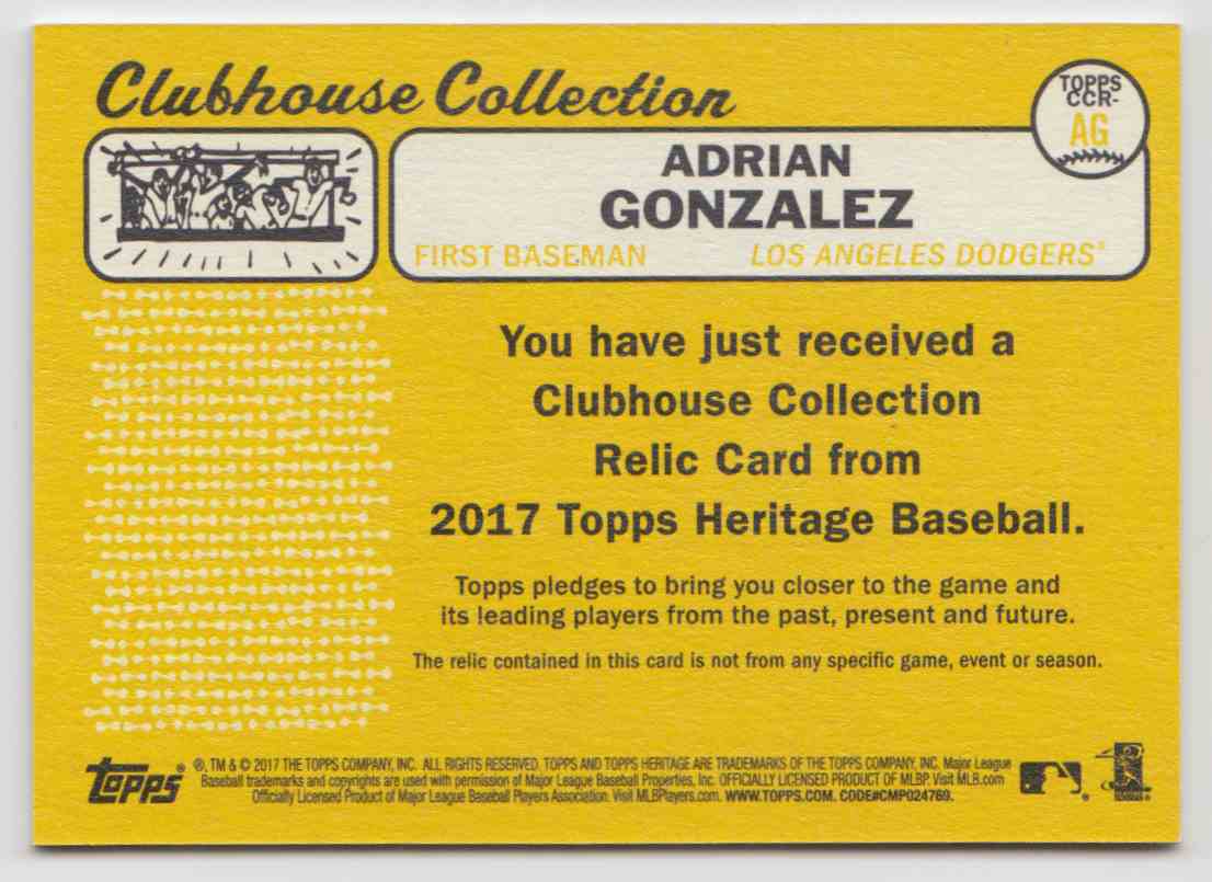 2017 Topps Heritage High Clubhouse Collection Relics Adrian Gonzalez #CCR-AG card back image