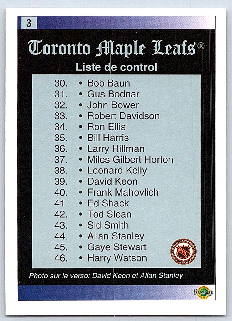 1992-93 Ultimate Original 6 David Keon/Allan Stanley #3 card back image