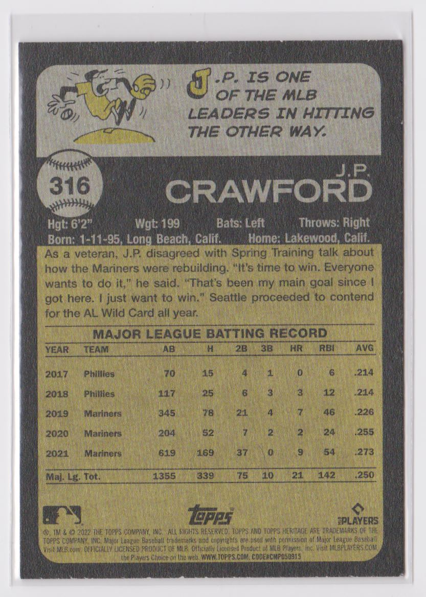 2022 Topps Heritage J.P. Crawford #316 card back image