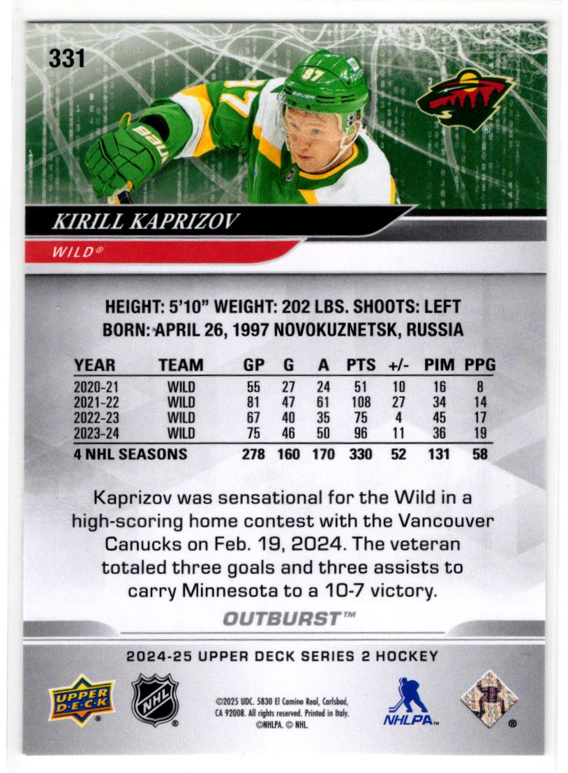 2024-25 Upper Deck Series 2 Outburst Silver Kirill Kaprizov