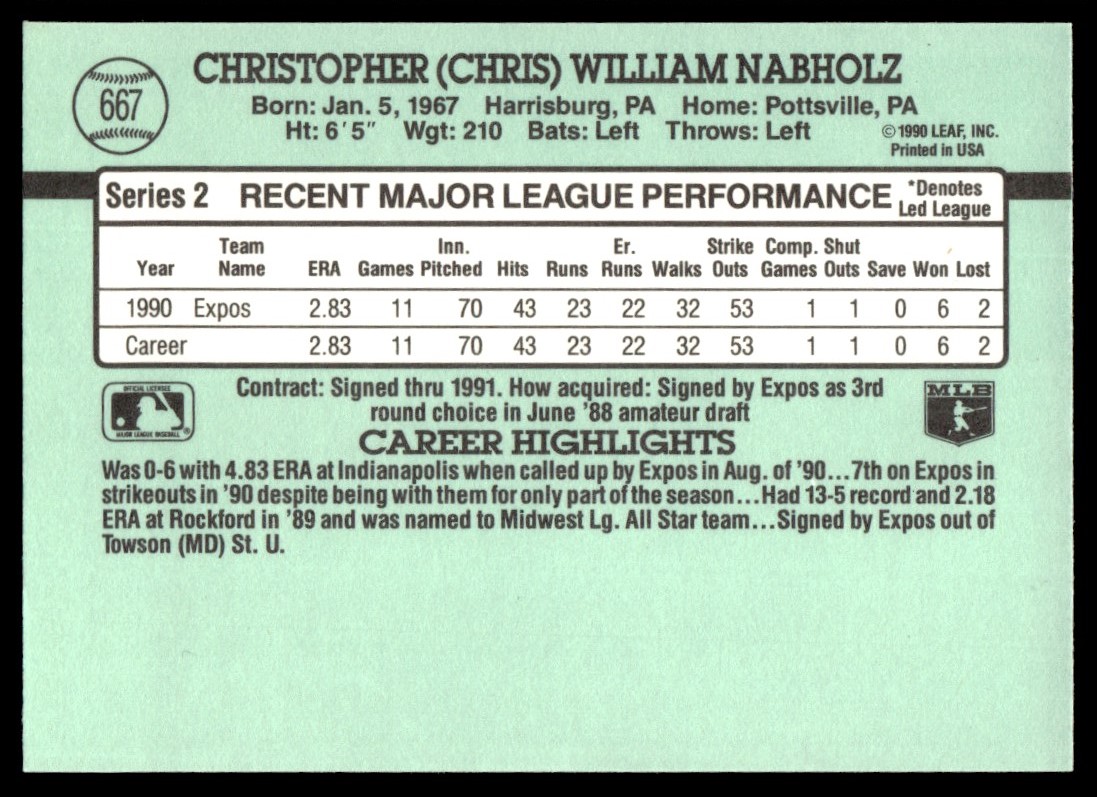 1991 Donruss Chris Nabholz #667 card back image