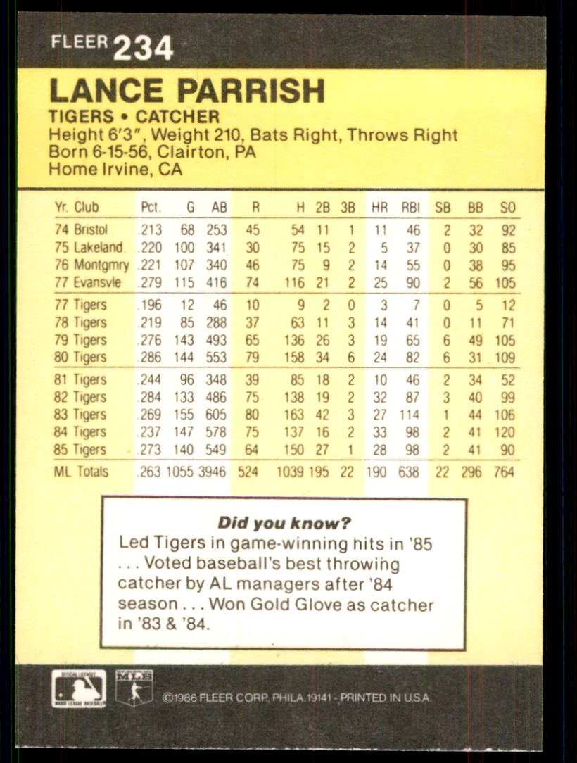 1986 Fleer baseball Lance Parrish . Detroit Tigers #234 | eBay